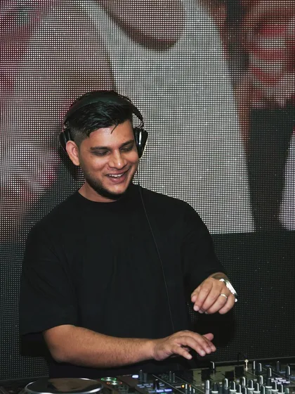 A smiling shot of me at the decks, ready for the weekend's gigs.