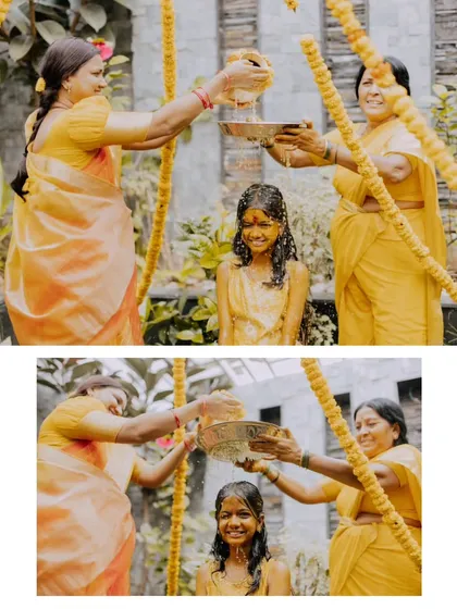 A duplicate of ID 268, this collage shows the traditional blessings during a Mangala Snaanam ceremony.
