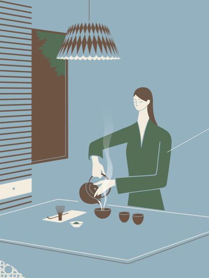 An illustration for the 'Felicity' theme, depicting a mindful tea ceremony. The calm, composed scene and simple color palette reflect a conscious choice to find value in quiet, meaningful moments.
