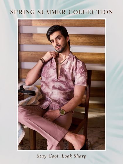 A closer look at the mauve printed shirt. The relaxed fit and open collar create a look that is effortlessly cool and stylish.