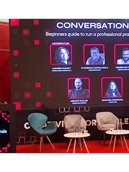 A view of the stage before the panel discussion begins. The setup at FOAID's Design Karyashala reflects the professional and engaging atmosphere of the event, designed to inspire the next generation of architects.