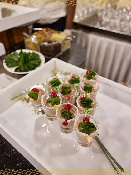 A tray of our signature paan shots, ready to be served as a refreshing after-meal delight. This modern take on a traditional mouth freshener is always a guest favourite.