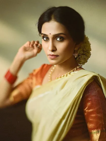 I also specialize in capturing traditional beauty with a modern, painterly feel. This portrait uses soft, natural light to highlight the model's expressive eyes and the delicate texture of the saree. It’s a timeless look that feels both classic and contemporary.