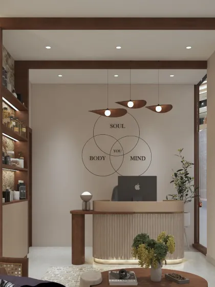 The reception desk is a key feature in this wellness center. We used a combination of fluted wood, a smooth countertop, and a clear brand message on the wall to create a welcoming and professional focal point.
