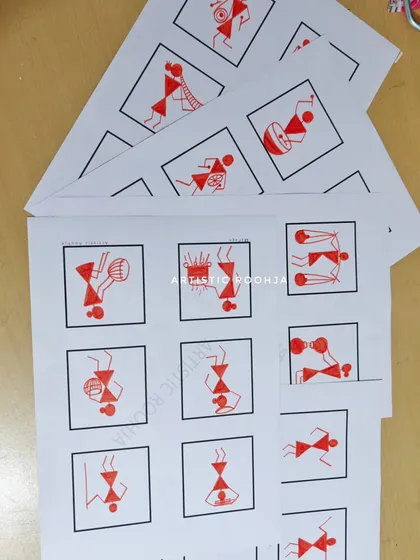 These are some of the practice sheets from the course, focusing on basic human figures in various poses and activities. Mastering these fundamentals is the key to creating dynamic Warli scenes.