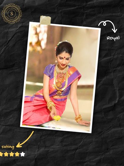 This model showcases a royal South Indian bridal look. The layered temple necklaces and matching jewellery create a stunning, traditional aesthetic that you can rent from us.