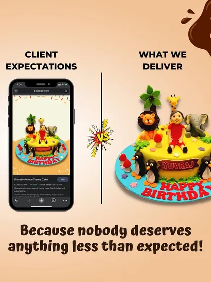 You can trust me to bring your vision to life. This image shows a client's inspiration photo next to the final friendly animal theme cake I delivered, showing how I match and even enhance the original idea.