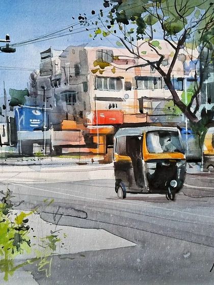 An identity style of watercolor painting by master artist Milind Mulick. We believe in learning from the masters and are inspired by their unique approaches to art.
