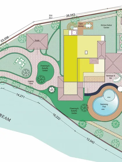 The detailed site plan for our residential farmhouse project in Jim Corbett. The layout includes the main house, a swimming pool, a jogging track, and extensive gardens, all thoughtfully positioned to maximize views and functionality.