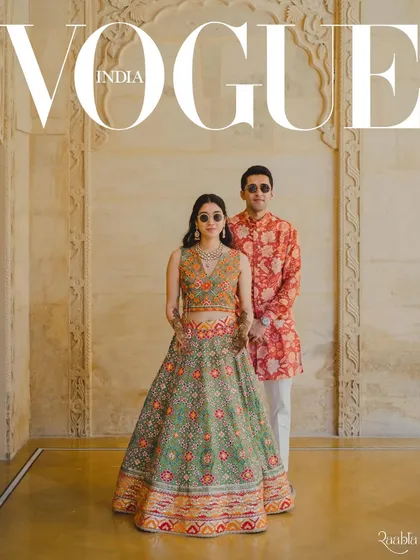 A regal portrait of Riya and Anshil, featured on the digital cover of Vogue India. We captured their modern royalty against the timeless architecture of Jaisalmer.