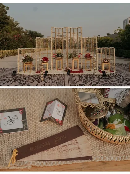 A collage showing a minimalist stage setup and close-ups of personalized stationery. This demonstrates my versatility in creating different styles, from grand to understated.
