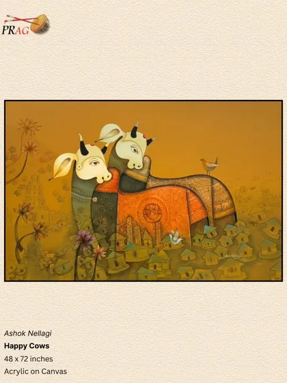 Ashok Nellagi's 'Happy Cows' shows a tender moment of connection, with a warm, golden palette that evokes a sense of peace and rural harmony.