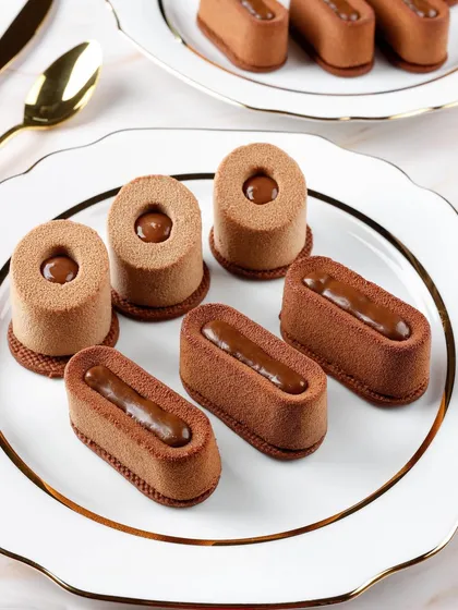 Photographing delicate desserts requires precision. I use specific lighting techniques to showcase the velvety texture of these chocolate entremets and the glossy finish of the filling, making them look as luxurious as they taste.
