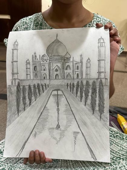 A student's wonderful pencil sketch of the Taj Mahal. We worked on perspective and architectural details to capture this iconic monument.