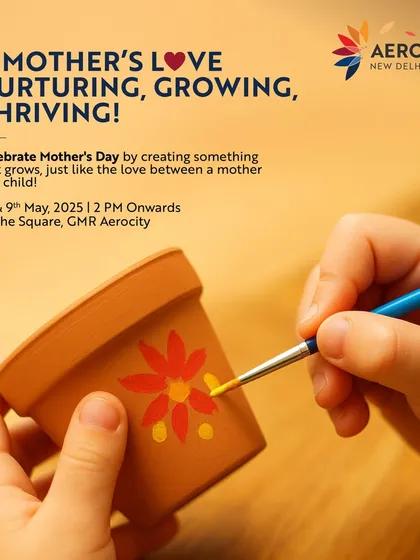 A child's hands painting a flower on a terracotta pot for Mother's Day. This image embodies the nurturing and creative spirit of our family-oriented workshops.