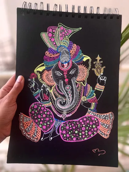 Bring home blessings with your own hand-painted Ganesha. This neon dot art on a black canvas is a popular choice in my guided painting workshops. I'll show you how to create this vibrant piece, perfect for your home decor.