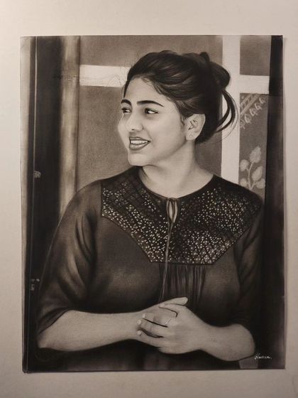 A finished portrait of a woman with her hair in a bun.