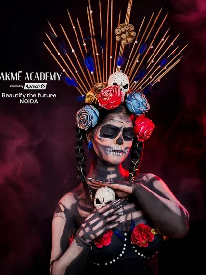 A full view of the award-winning illusion makeup. The combination of the skeleton body paint and the elaborate headpiece creates a complete and terrifyingly beautiful character.