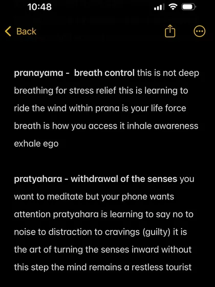 An explanation of Pranayama (breath control) and Pratyahara (withdrawal of the senses). Pranayama is not just deep breathing; it is the art of riding the wind of your life force. Pratyahara is the crucial skill of turning the senses inward, without which the mind remains a restless tourist.