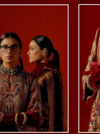 A diptych showcasing a close-up on eyewear styling alongside a profile view of a Debyani & Co outfit.