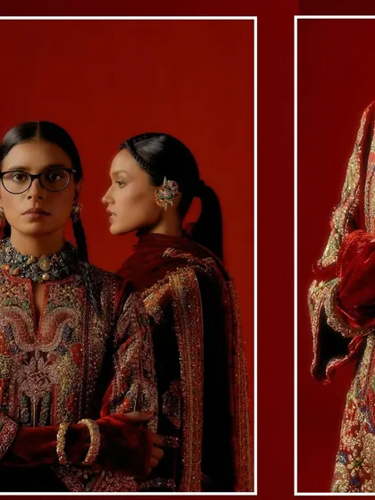 A diptych showcasing a close-up on eyewear styling alongside a profile view of a Debyani & Co outfit.