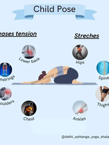 An infographic detailing the benefits of Child's Pose, a simple yet effective posture for releasing tension and stretching the body.