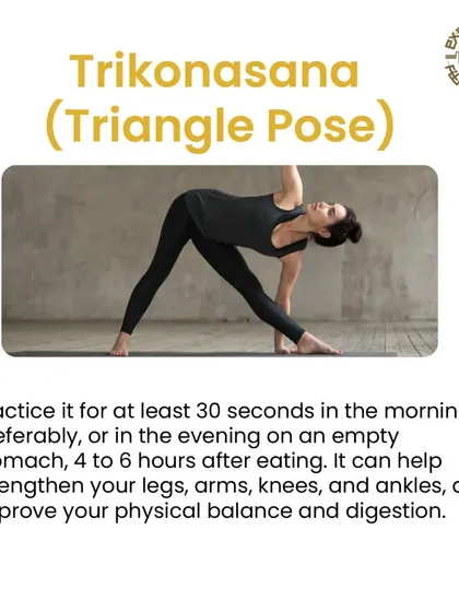 Trikonasana, or Triangle Pose, is a foundational standing pose that strengthens the legs, opens the hips, and improves balance. I incorporate it into flows to build stability.