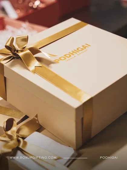This personalized gift box, created for a special event, showcases how I can incorporate your unique branding or wedding monogram with elegant gold satin ribbons for a truly exclusive feel.