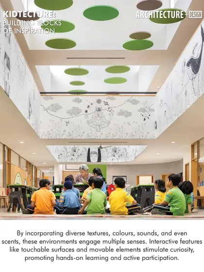 Another image from our "Kidtecture" feature, showing a storytelling session in the central atrium of GD Goenka school. The design engages multiple senses with diverse textures, colors, and touchable surfaces.