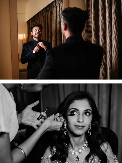 A black and white collage showing the bride and groom getting ready for their Sangeet or engagement. This captures the anticipation and excitement before a night of celebration.