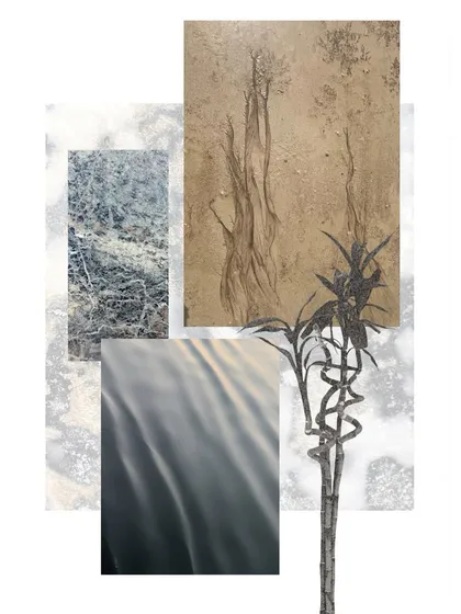 One of my daily moodboards. I collect textures and colors that feel connected, like the patterns in tree bark, water ripples, and stone. This practice is a form of visual journaling that fuels my creative process.