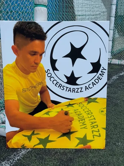 A dream come true for our academy. This canvas displays the jersey signed by Indian football legend Sunil Chhetri, a massive inspiration for all our young players and a testament to our growing community.