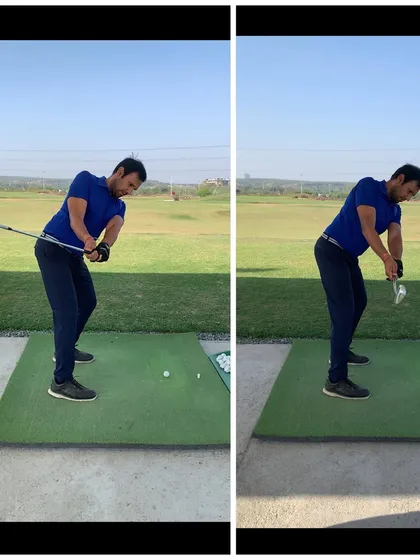 This image shows the downswing correction. By giving the player a visual reference for his hand path, we got him to shallow the club and stop throwing it out and over the top.