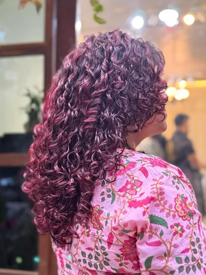 A collection of my other no-bleach balayage and color work, showcasing a variety of tones from subtle browns to vibrant reds on different curl types.