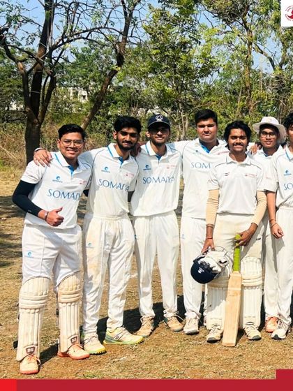 A wider shot of the victorious KJSIT cricket team, capturing the celebratory mood after a successful match in the inter-collegiate tournament.