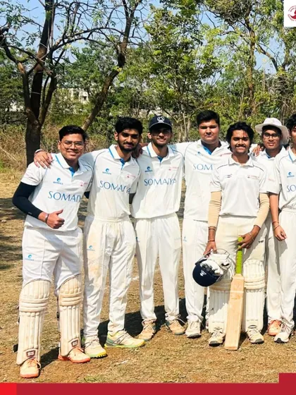 A wider shot of the victorious KJSIT cricket team, capturing the celebratory mood after a successful match in the inter-collegiate tournament.