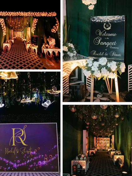 A collage of the Sangeet decor, showing the entrance, custom monogram, and the detailed, immersive environment we create.