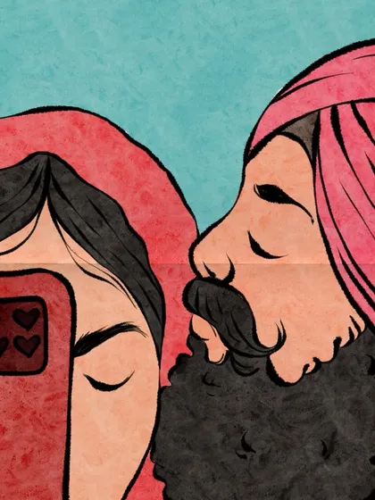 A modern couple portrait that blends traditional themes with contemporary life. This illustration shows a couple taking a selfie, capturing how love expresses itself in today's world.
