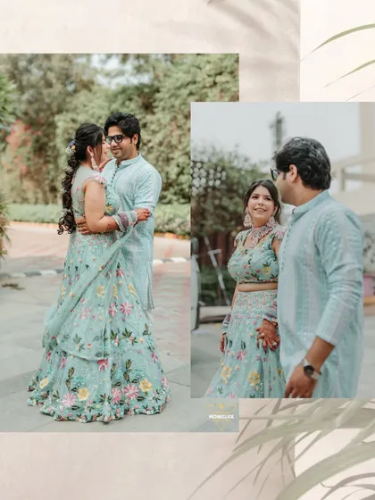 A collage of the couple's portraits from their Haldi, capturing their loving glances and happy smiles.