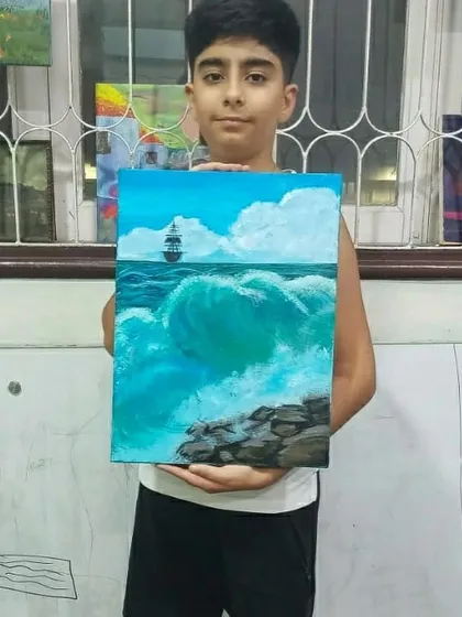 A dramatic seascape painting by one of my students. He has done a fantastic job capturing the power of the waves and the distant ship.
