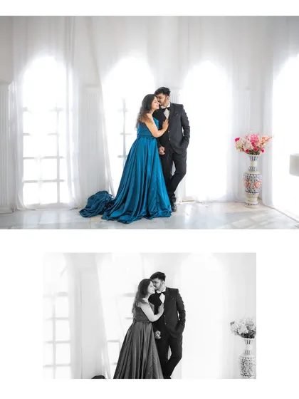 A comparison of a full-color and a black-and-white version of a romantic pose, showing our editing versatility.