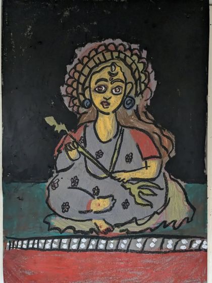 A finished piece from our session on Indian goddesses, showing a beautiful interpretation made with oil pastels on a black background, which makes the colors pop.