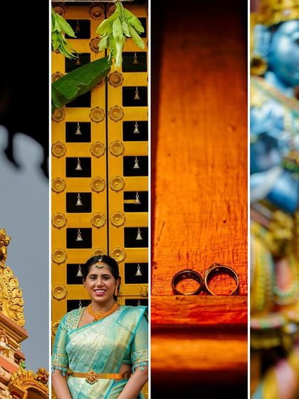 A collage of details from a temple engagement, showing the architecture, the rings, and the bride in her beautiful saree.