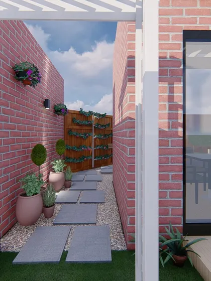 This design shows a pathway leading to a secluded corner with a sand play area and a small seating spot for parents. It’s about creating usable spaces for every member of the family in every corner of the garden.