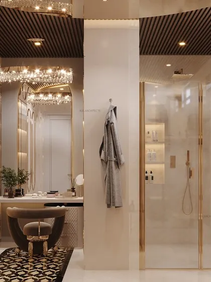 We transform washrooms and dressers into an organized lifestyle upgrade. This space combines form and function with custom storage, elegant gold accents, and our signature use of curves to create a calm, convenient, and classy personal area.