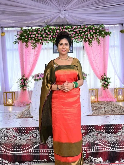A full-length view of my Coorgi saree. The unique drape is a symbol of our culture, and I wear it with immense pride.