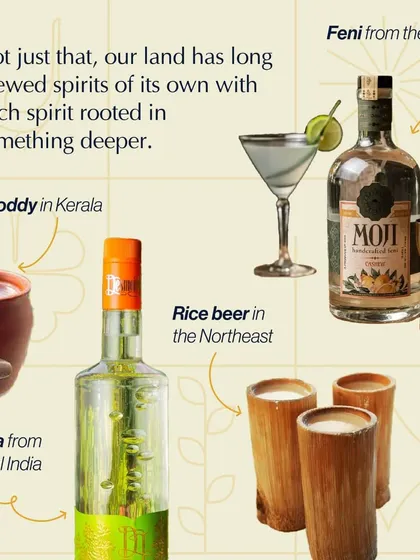 We showcase the diversity of India's homegrown spirits in this infographic. It introduces regional drinks like Feni from Goa, Toddy from Kerala, Mahua from Central India, and rice beer from the Northeast.