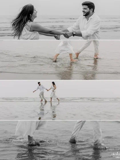 A black and white collage focusing on movement and detail. These shots capture the couple splashing in the waves, focusing on their feet in the water and their hands held tight.