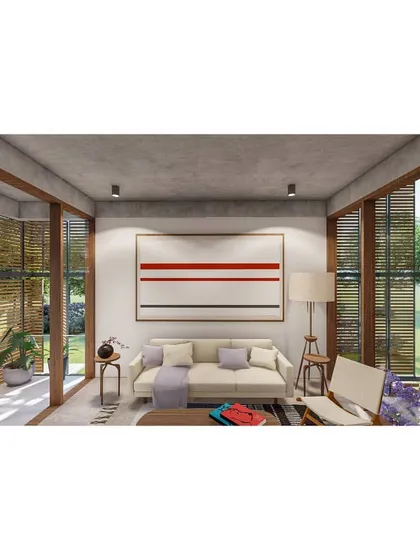 Rendered view of a lounge in the 'Benchmark Aradhya' project, with balconies on two sides connecting it to the outdoors.