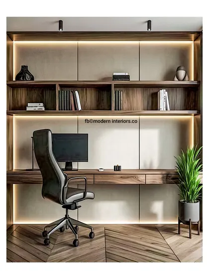Your workspace should inspire you. I designed this home office with clean lines, warm wood tones, and integrated LED lighting to create a calm and focused environment. The floating desk keeps the floor clear, making the room feel more spacious.
